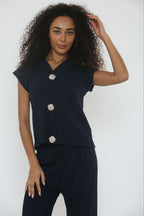 V-Neck Cheesecloth Gold Button Top & Wide Leg Trouser Co-Ord Suit