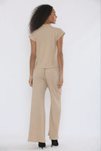 V-Neck Cheesecloth Gold Button Top & Wide Leg Trouser Co-Ord Suit