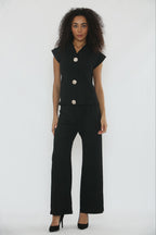V-Neck Cheesecloth Gold Button Top & Wide Leg Trouser Co-Ord Suit