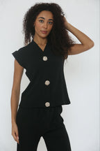 V-Neck Cheesecloth Gold Button Top & Wide Leg Trouser Co-Ord Suit
