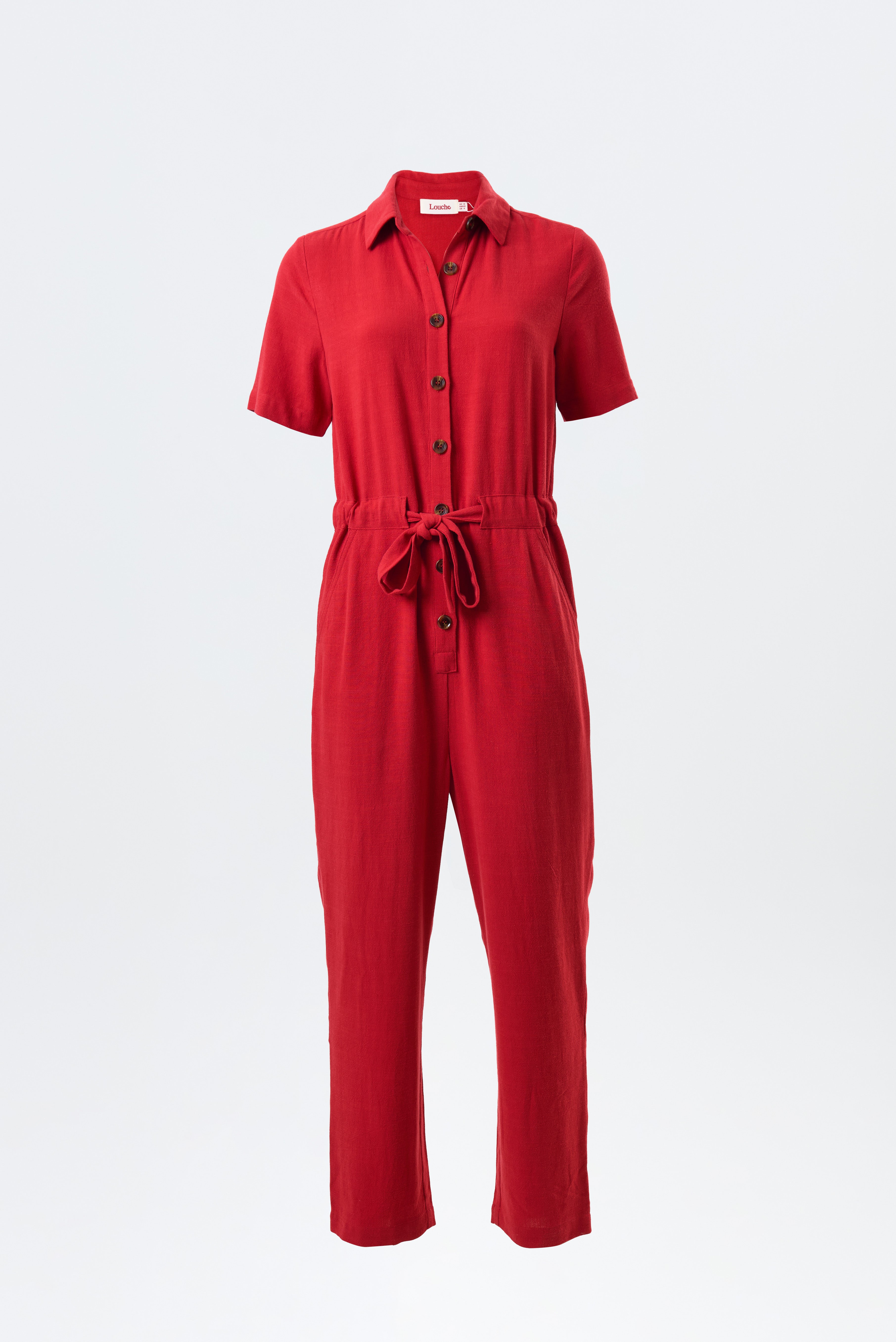 Justin Linen Mix Short Sleeve Jumpsuit - Red