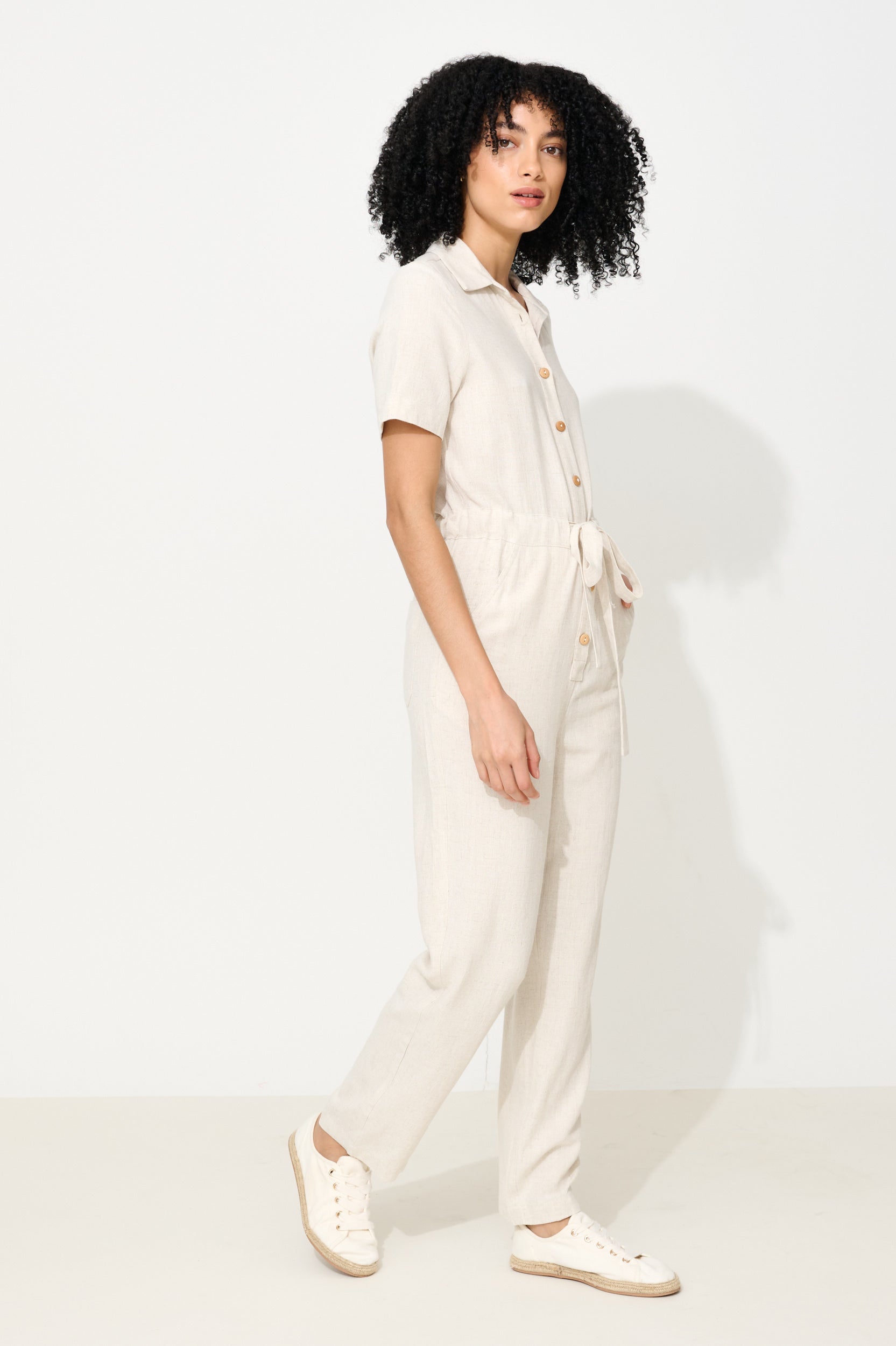 Justin Linen Mix Short Sleeve Jumpsuit - Natural
