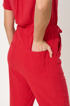 Justin Linen Mix Short Sleeve Jumpsuit - Red