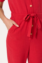 Justin Linen Mix Short Sleeve Jumpsuit - Red