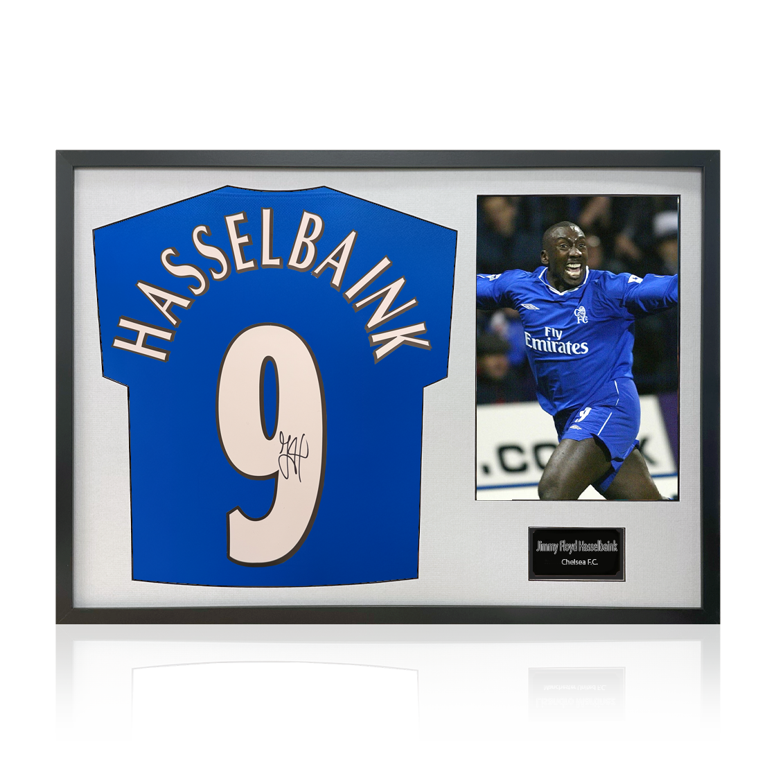 Jimmy Floyd Hasselbaink Signed Chelsea Shirt Classic Frame.