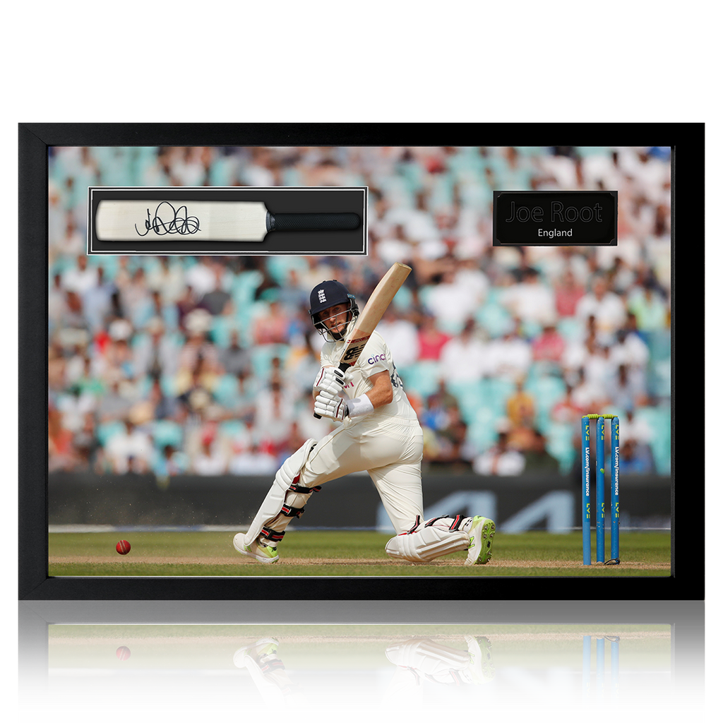Joe Root Signed Mini Cricket Bat Iconic Frame.