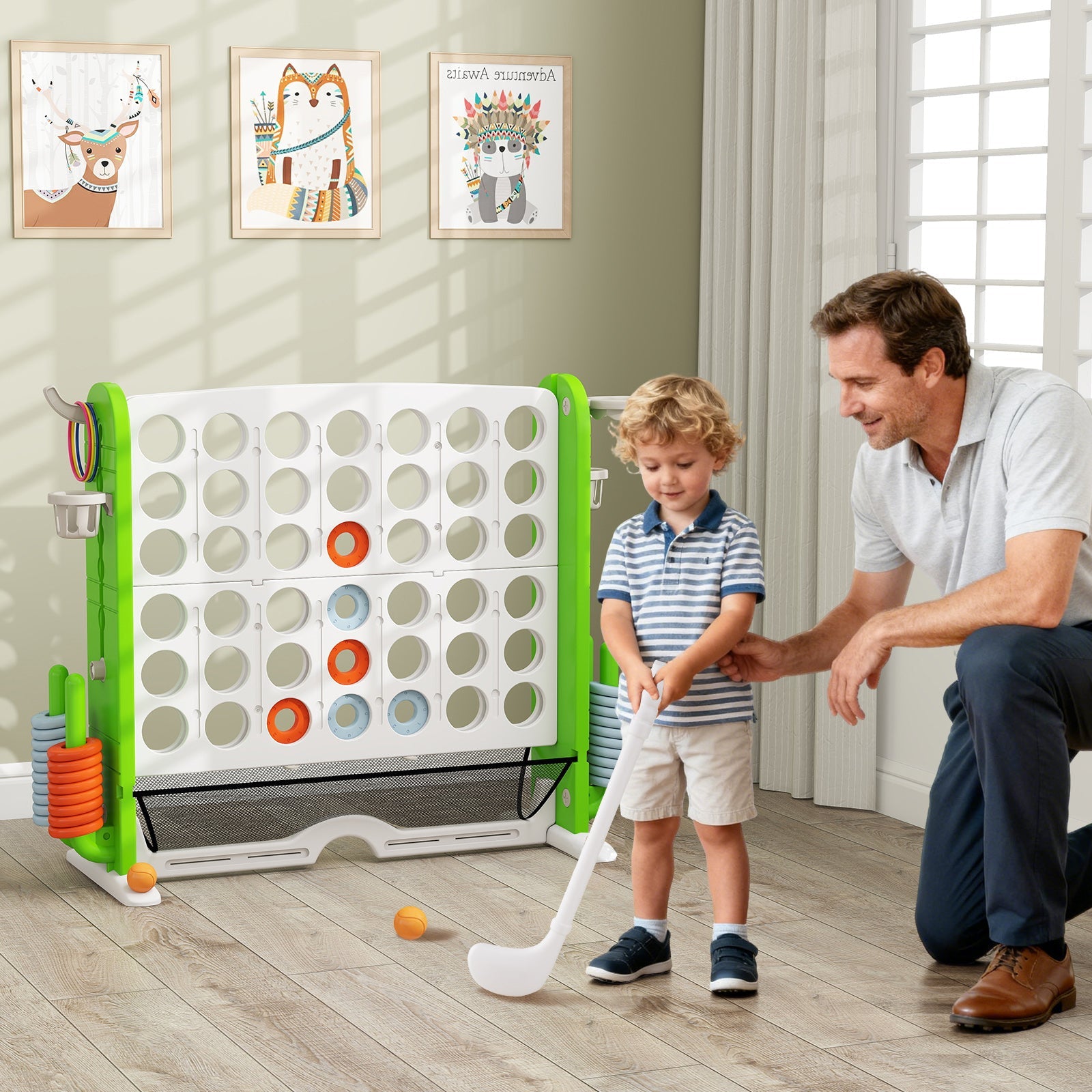 Jumbo 4-in-a Row Game Set with Basketball Hoop and 42 Rings-Green & White