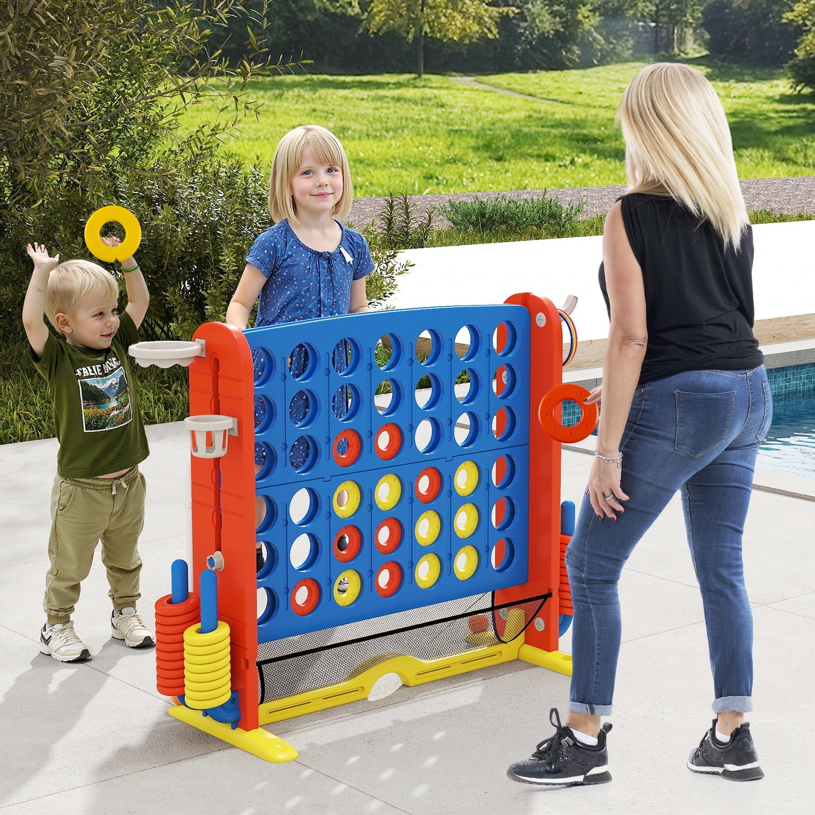 Jumbo 4-in-a Row Game Set with Basketball Hoop and 42 Rings-Green & White