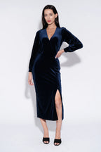 Karen Velvet Wrap Midi Dress in Navy
