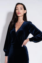 Karen Velvet Wrap Midi Dress in Navy