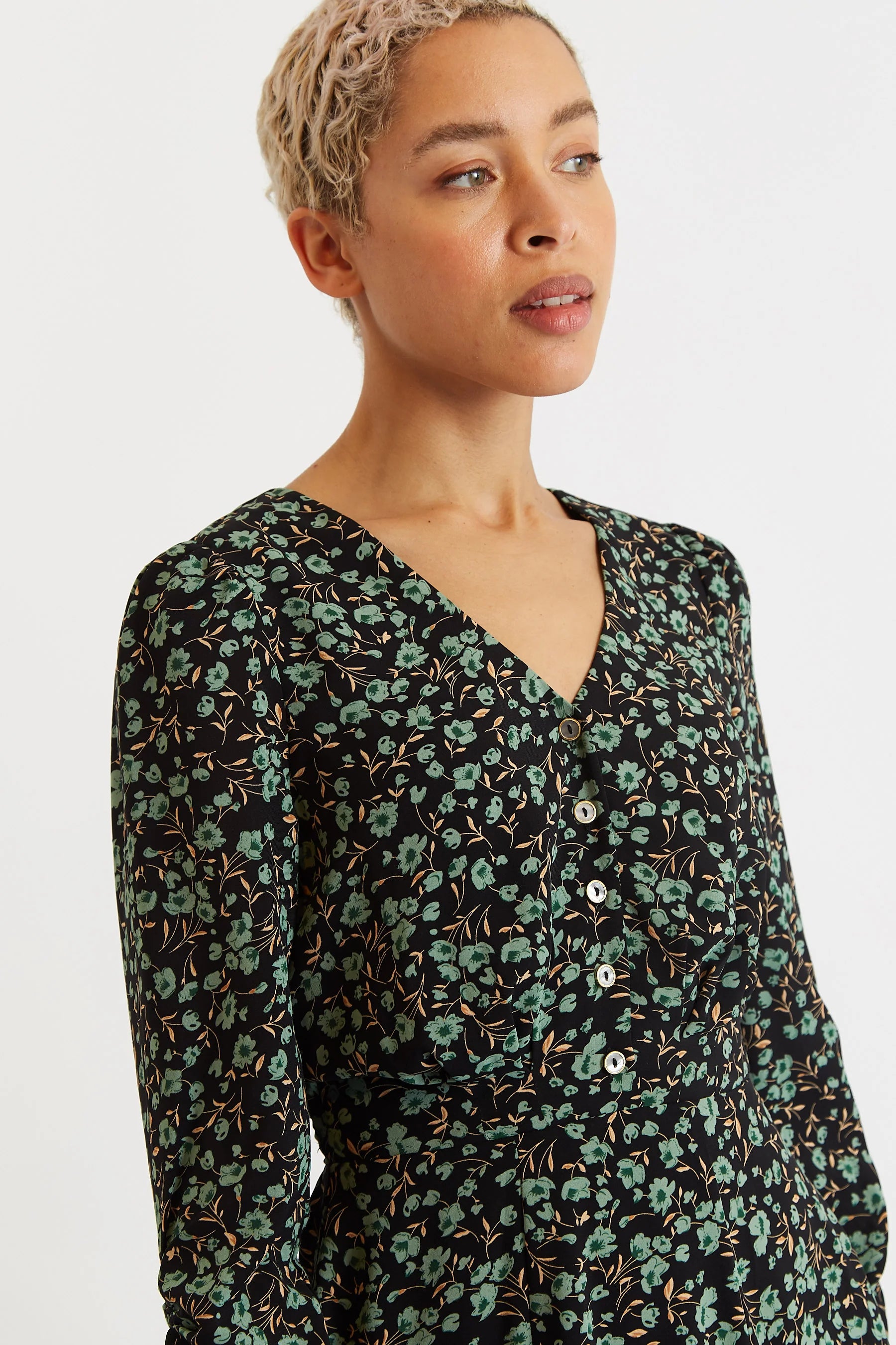 Kathlyn Fleur Vert Print Long Sleeve Midi Dress