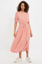 Louche Kiza Micro Blossom Print Short Sleeve Midi Dress In Pink