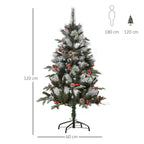 HOMCOM 4FT Artificial Snow Dipped Christmas Tree Xmas Pencil Tree Holiday Home Party Decoration with Foldable Feet Red Berries White Pinecones, Green