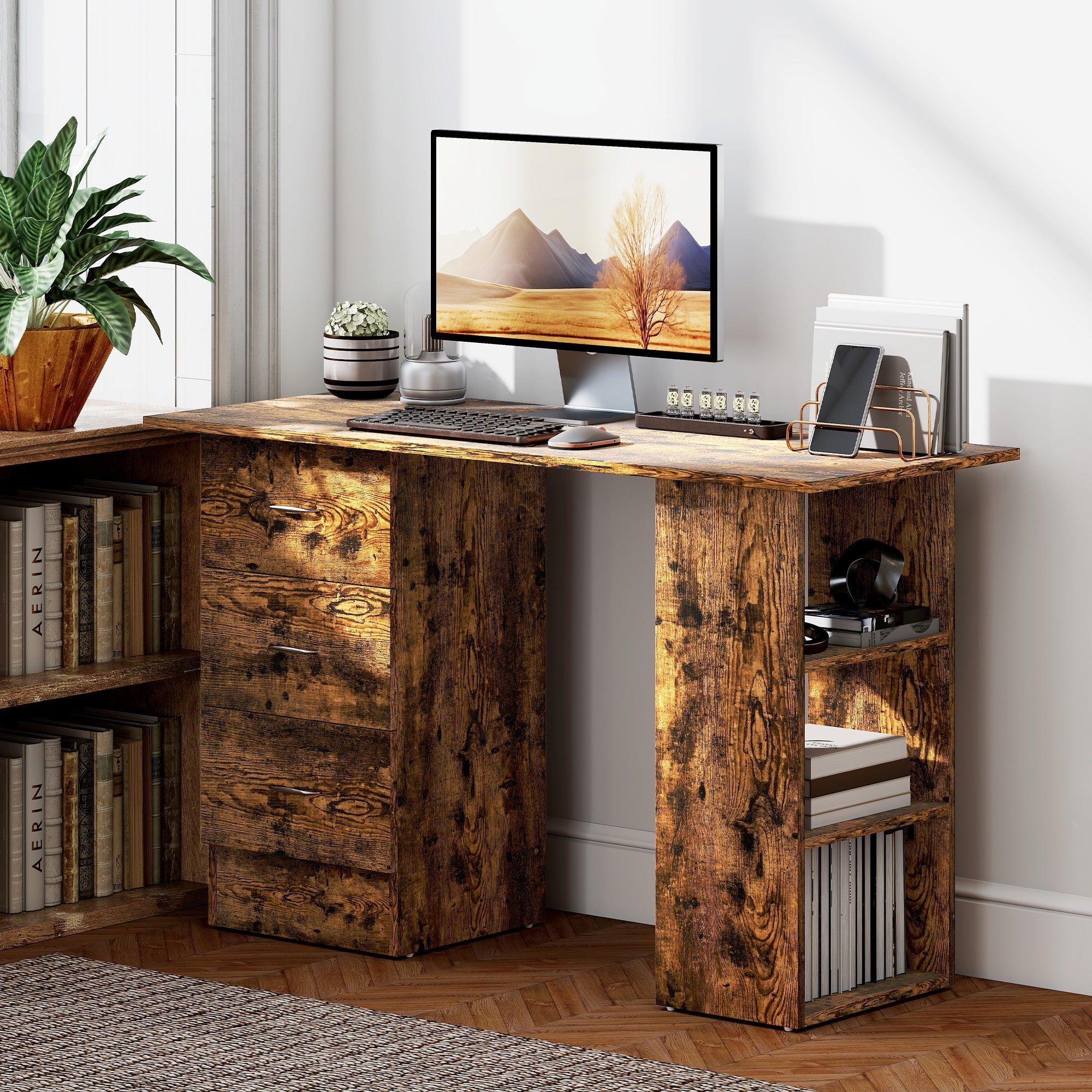 HOMCOM Computer Desk, Writing Table, PC Workstation with 3 Storage Shelves and Drawers, Silver Handle, for Home Office, Rustic Brown