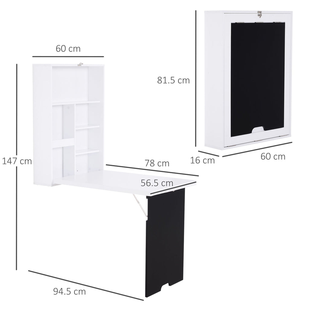 HOMCOM Folding Wall-Mounted Drop-Leaf Table, Convertible Wall Table With Chalkboard and Storage Shelf, Multifunctional Floating Desk for Home Office, White
