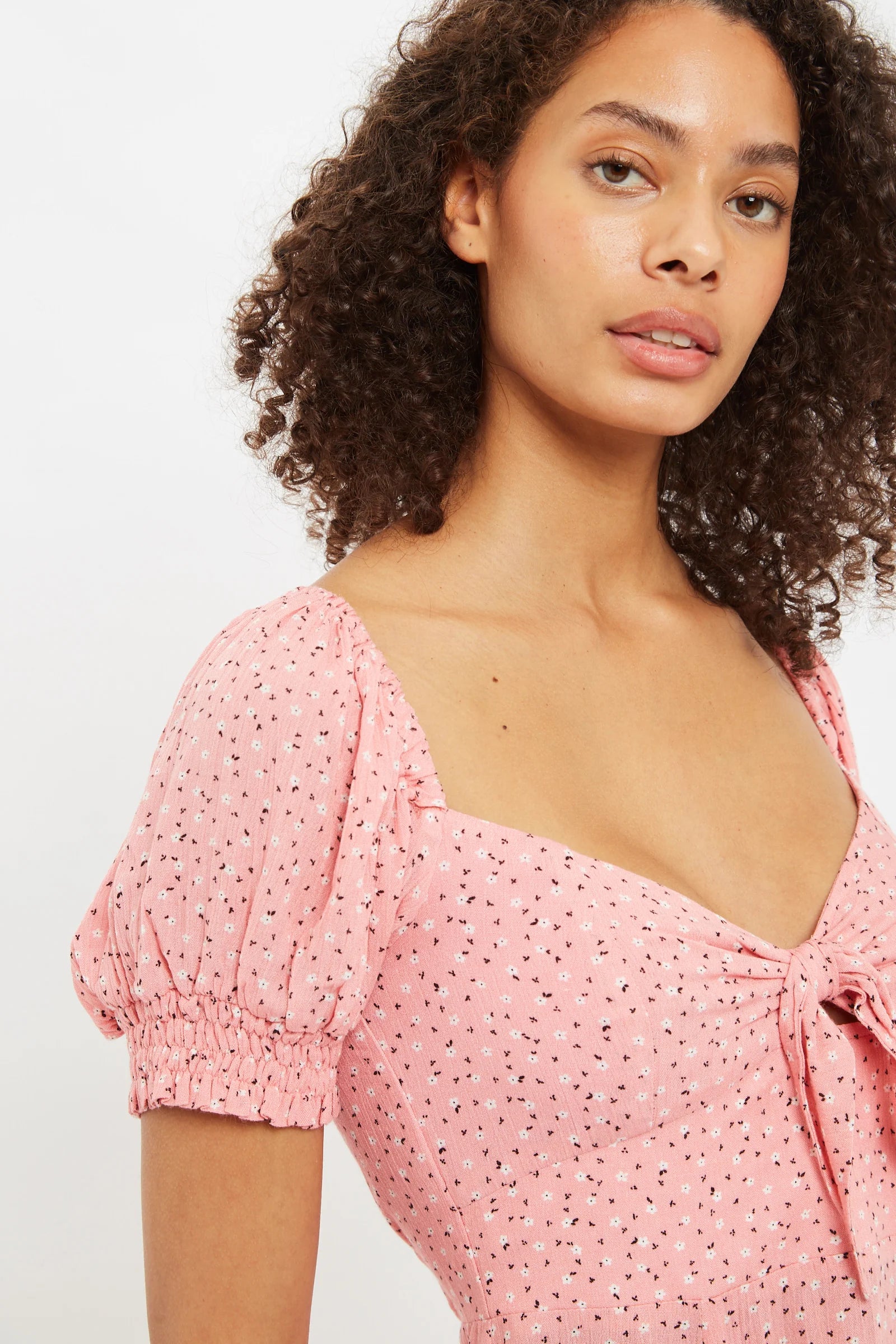 Luiza Teeny Flower Bud Tie Front Short Sleeve Tea Dress