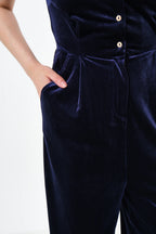 Lyes Velvet Short Sleeved Jumpsuit - Navy
