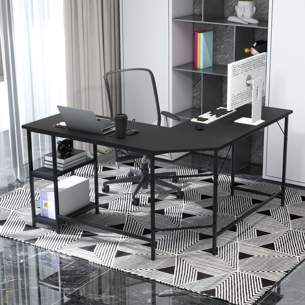L-Shaped Computer Desk with 2-tier Shelves for Home Office Bedroom-Black