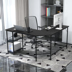 L-Shaped Computer Desk with 2-tier Shelves for Home Office Bedroom-Black
