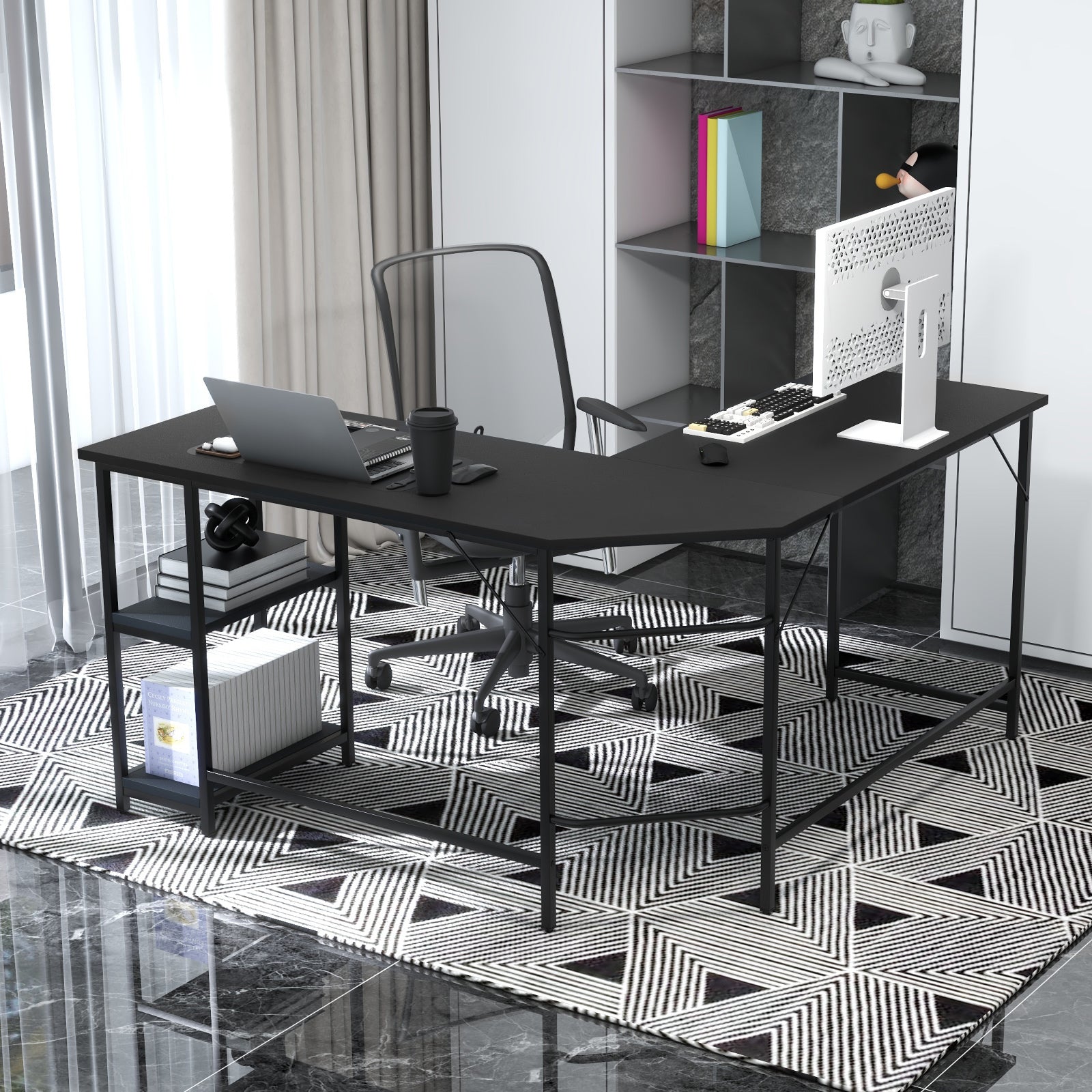 L-Shaped Computer Desk with 2-tier Shelves for Home Office Bedroom-Black