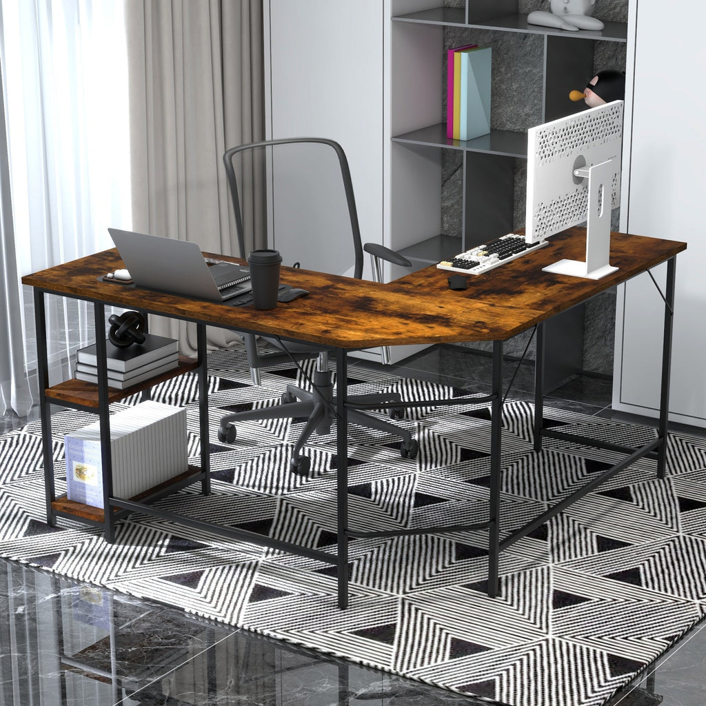 L-Shaped Computer Desk with 2-tier Shelves for Home Office Bedroom-Black