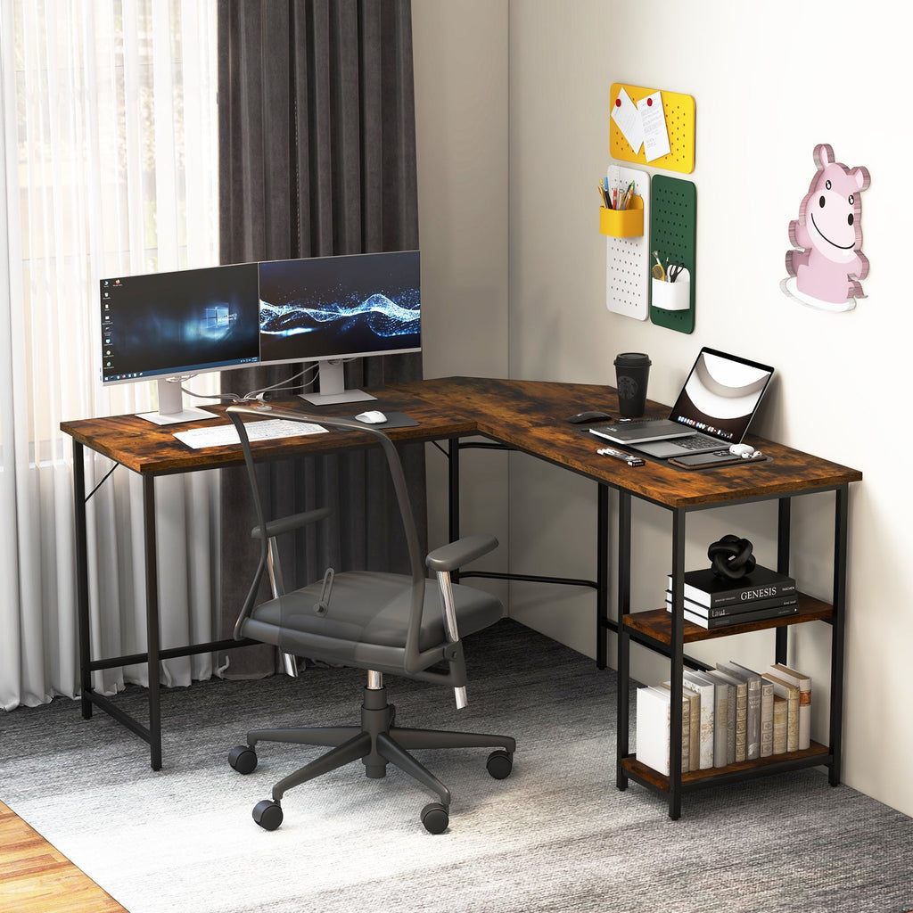 L-Shaped Computer Desk with 2-tier Shelves for Home Office Bedroom-Black