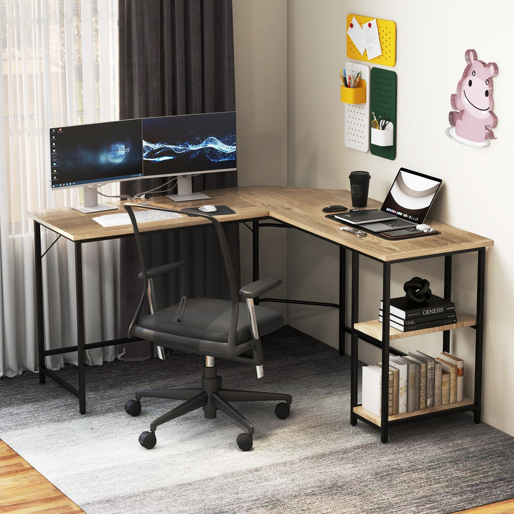 L-Shaped Computer Desk with 2-tier Shelves for Home Office Bedroom-Black