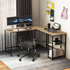 L-Shaped Computer Desk with 2-tier Shelves for Home Office Bedroom-Black