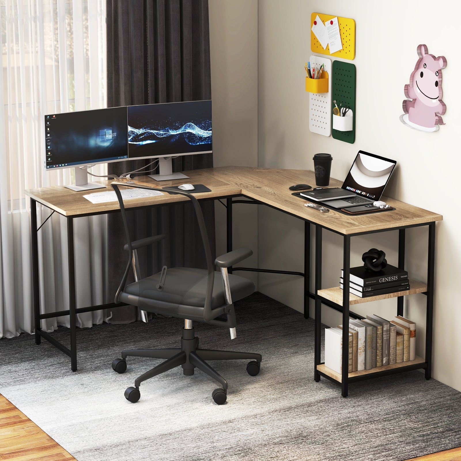 L-Shaped Computer Desk with 2-tier Shelves for Home Office Bedroom-Black
