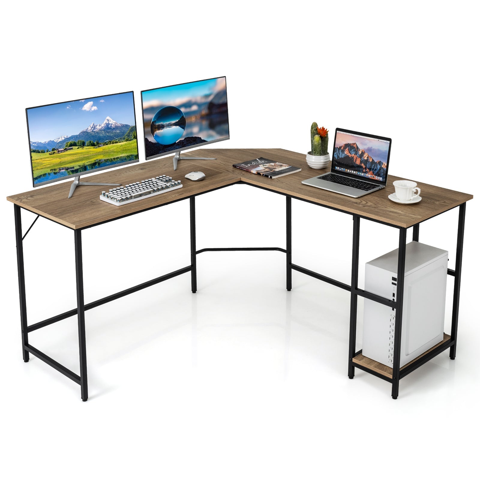 L-Shaped Computer Desk with 2-tier Shelves for Home Office Bedroom-Black