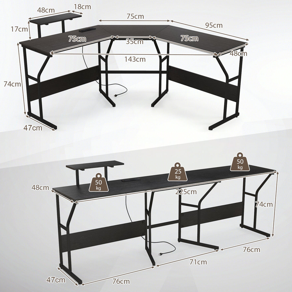 L-shaped Desk Corner Computer Desk with Movable Monitor Stand-Black