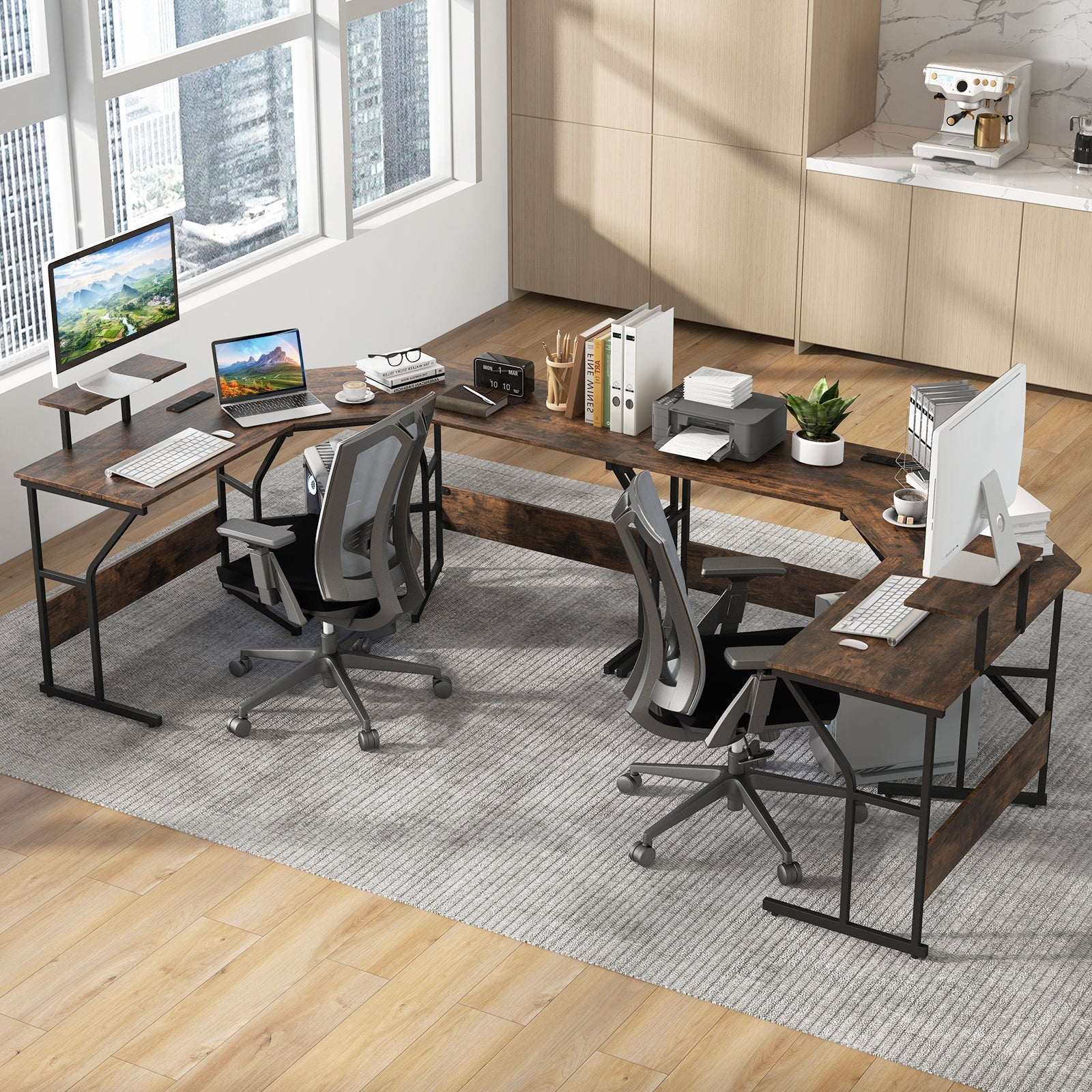 L-shaped Desk Corner Computer Desk with Movable Monitor Stand-Black