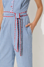 Marleen Gingham Ric Rac Trim Cropped Jumpsuit - Blue