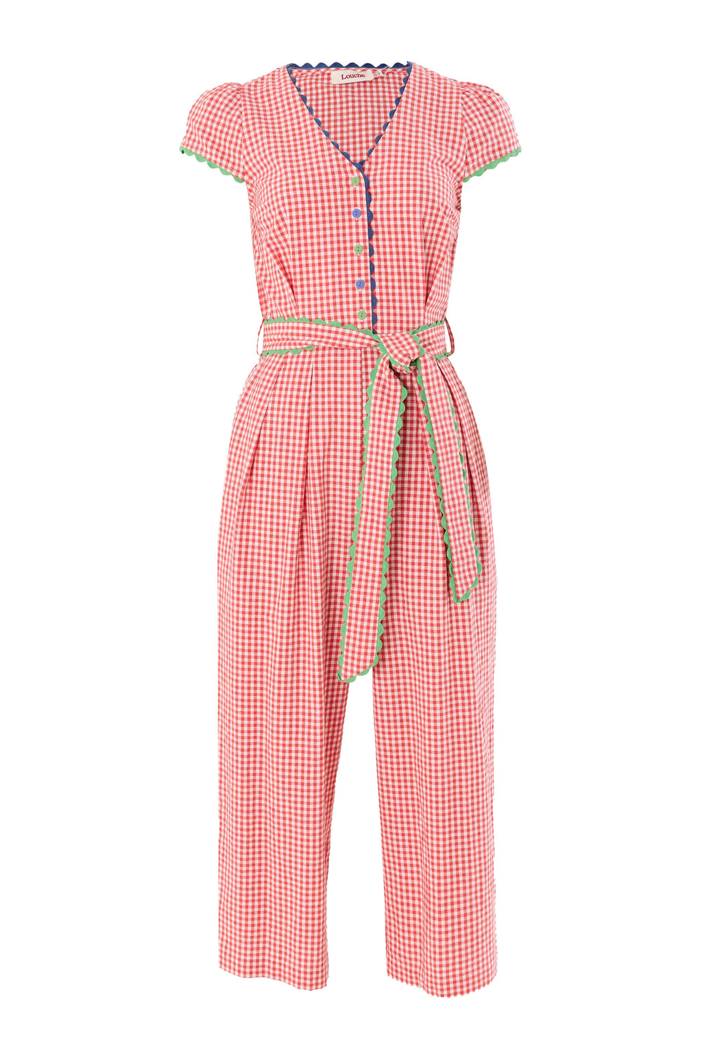 Marleen Gingham Ric Rac Trim Cropped Jumpsuit - Red
