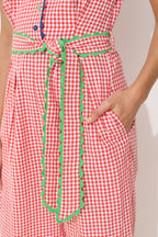 Marleen Gingham Ric Rac Trim Cropped Jumpsuit - Red