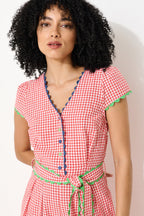 Marleen Gingham Ric Rac Trim Cropped Jumpsuit - Red