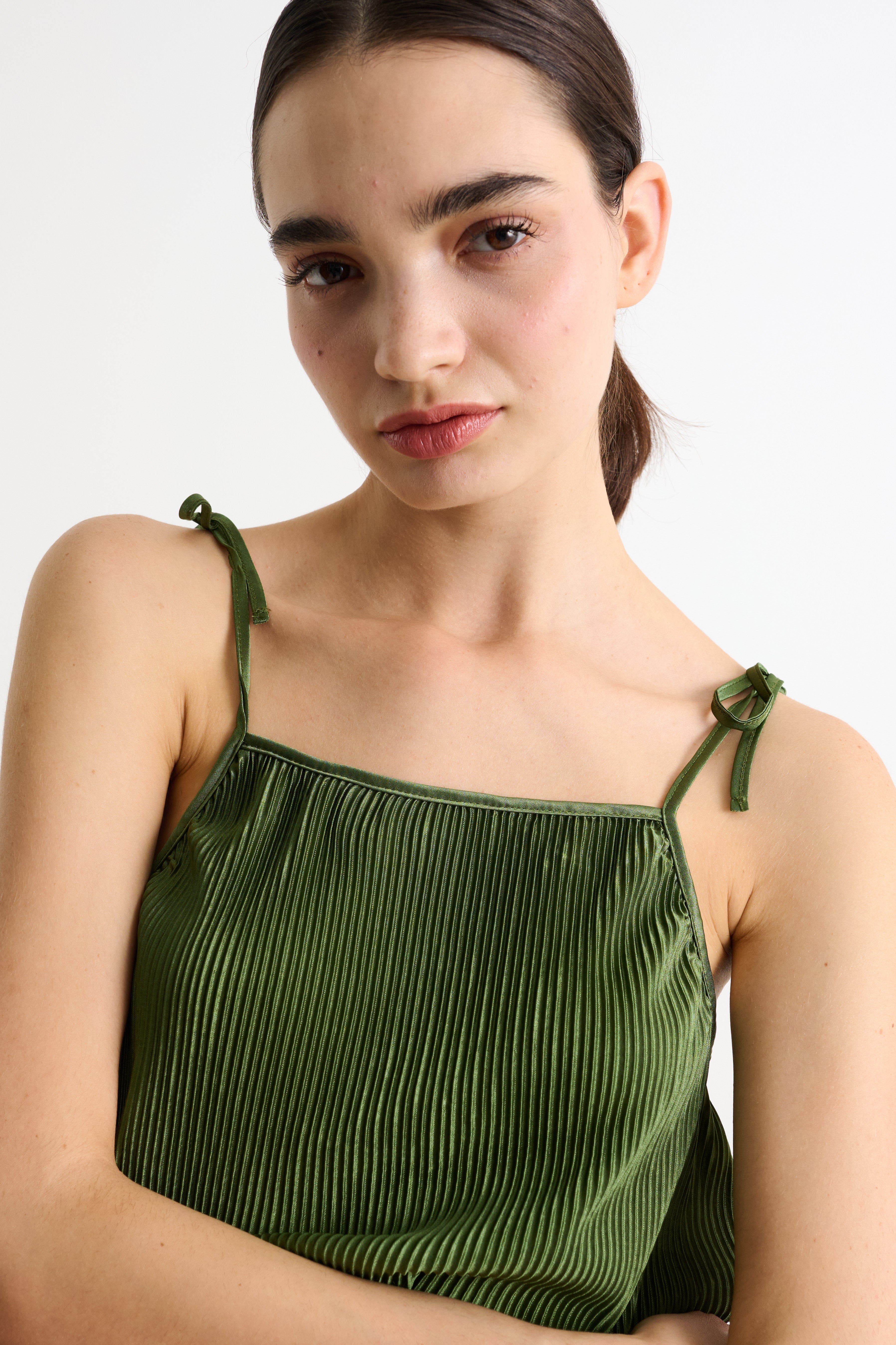Mayra Pleat Sage Strappy Maxi Dress