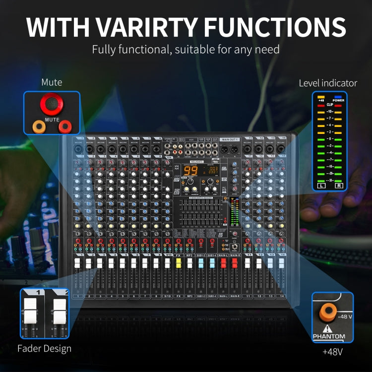 XTUGA B1404FX 14 Channels Bluetooth Audio Mixer Digital DJ Controller Sound Mixing Console (EU Plug)
