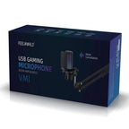 FEELWORLD VM1 USB Condenser Gaming Microphone for Streaming Noise Cancellation Mute RGB Light Boom Arm Stand (White)