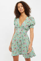 Louche Merle Flower Show Print V Neck Short Sleeve Tea Dress Green
