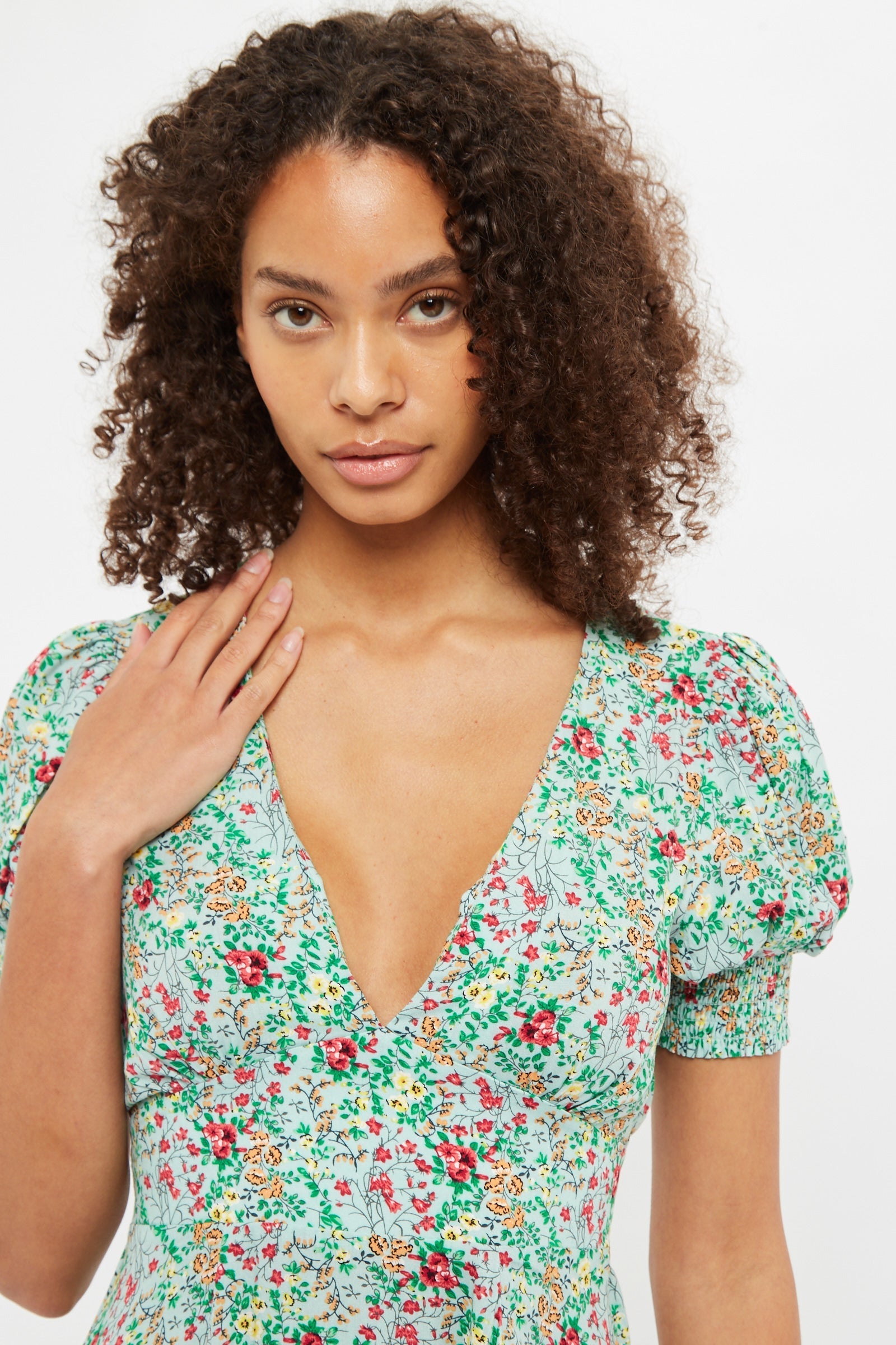 Louche Merle Flower Show Print V Neck Short Sleeve Tea Dress Green