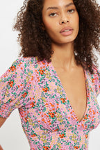 Louche Merle Flower Show Print V Neck Short Sleeve Tea Dress Pink
