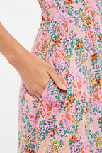 Louche Merle Flower Show Print V Neck Short Sleeve Tea Dress Pink