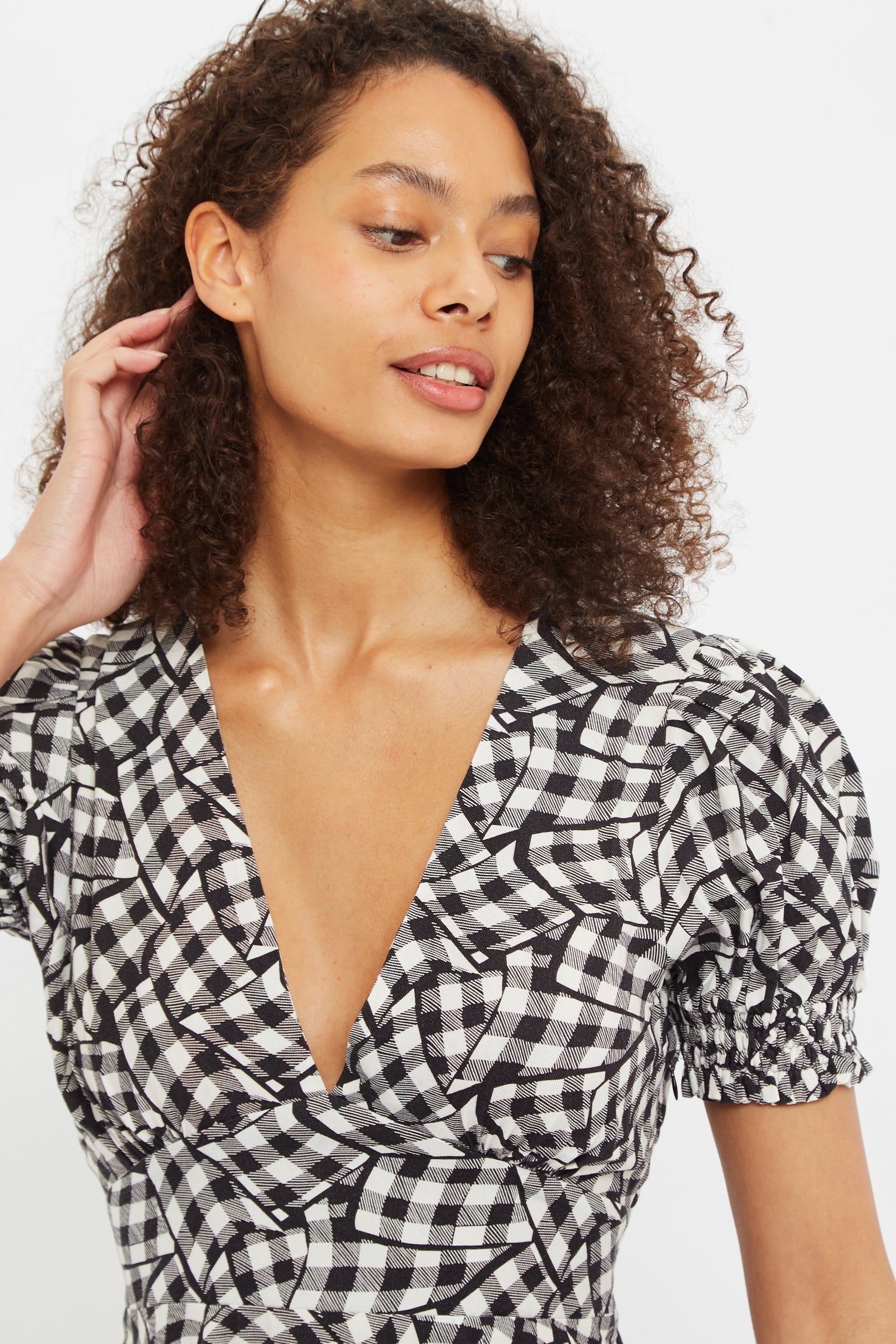 Louche Merle Gingham Twist Print V Neck Mini Tea Dress