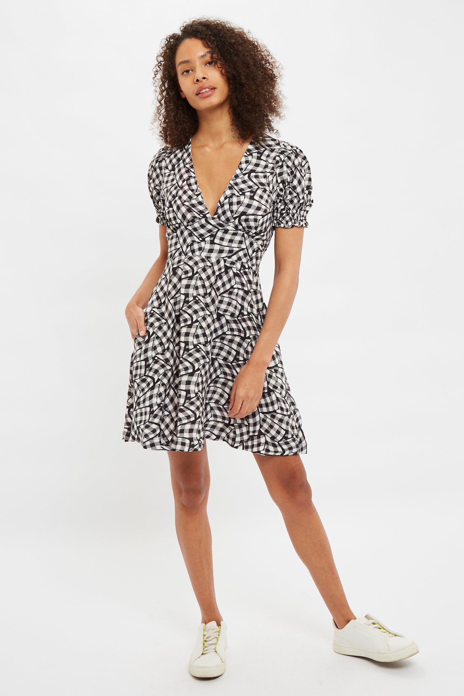Louche Merle Gingham Twist Print V Neck Mini Tea Dress