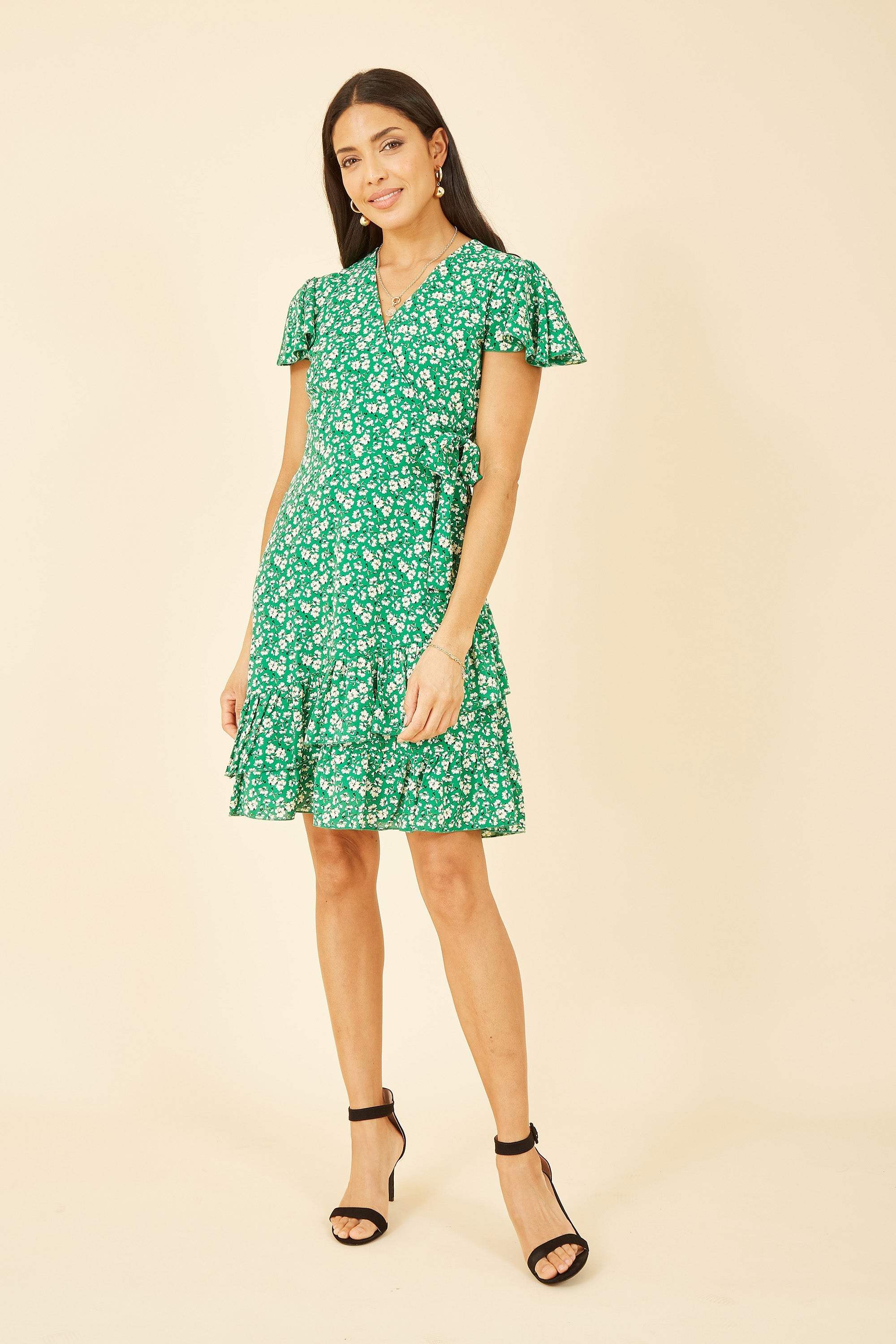 Yumi Green Ditsy Floral Wrap Frill Dress