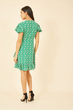 Yumi Green Ditsy Floral Wrap Frill Dress