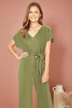 Mela Green Pleated Jumpsuit With V Neck
