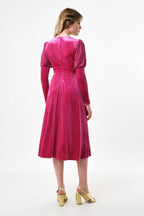 Moa Velvet V-Neck Midi Dress - Pink