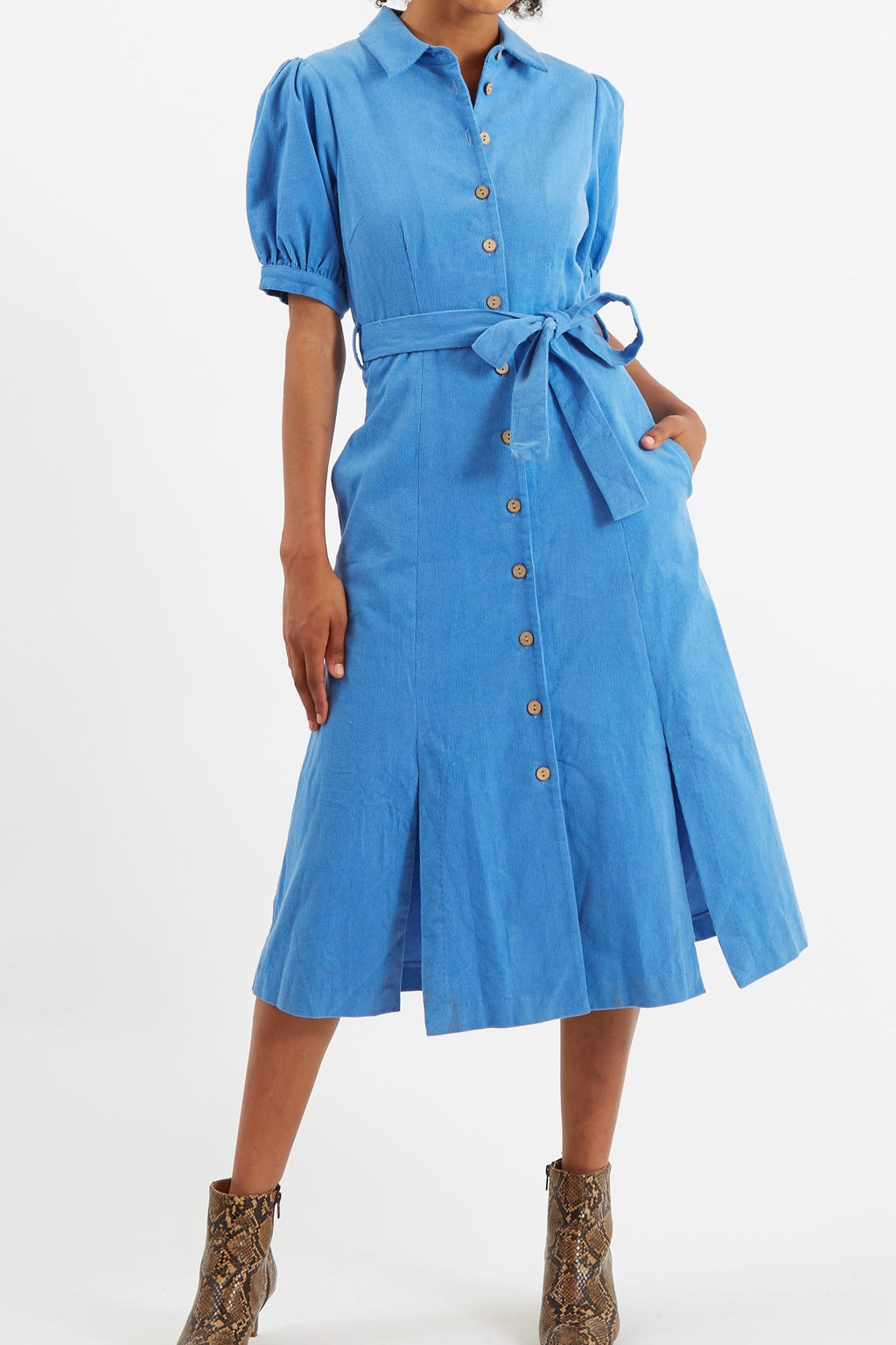Mollie Baby Cord Puff Sleeve Midi Dress